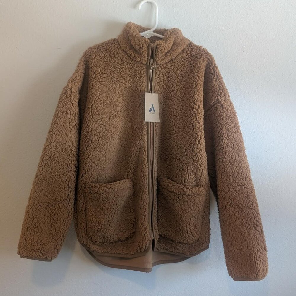 *3/$25* Girl's Brown Sherpa Zip-up Light Jacket - Size Medium (8)